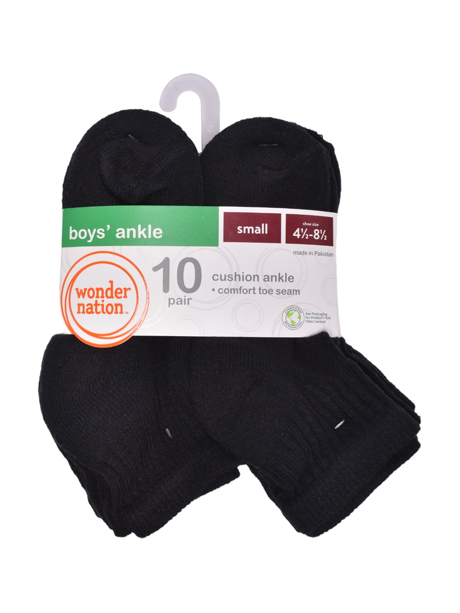 Wonder Nation Boys Cushioned Ankle Socks, 10 Pack, Sizes S (4-8.5) - L (3-9)