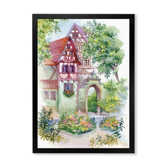 Designart 'Red Rustic House In The Country Side Landscape' Traditional Framed Art Print