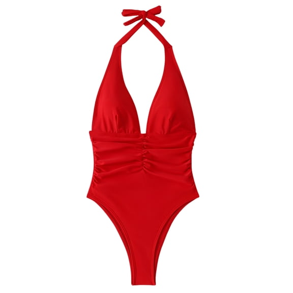 Sevevn Women's Halter Deep V Ruched One Piece Swimsuit Tummy Control Bathing Suit Red L