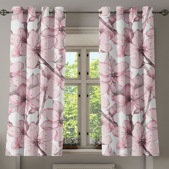 Ambesonne Asian Springtime Grommet Curtain, Art Cherry Blossom, 50"x60", Blush Eggplant White