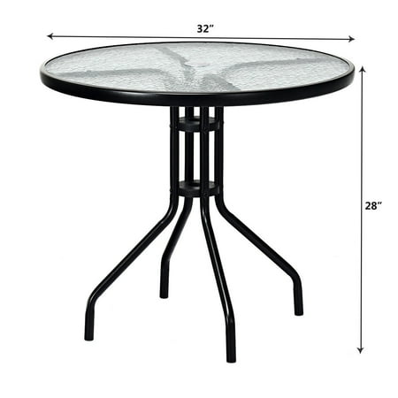 32 Patio Round Table Tempered Glass, Outdoor Dining Table With Umbrella Hole Canada
