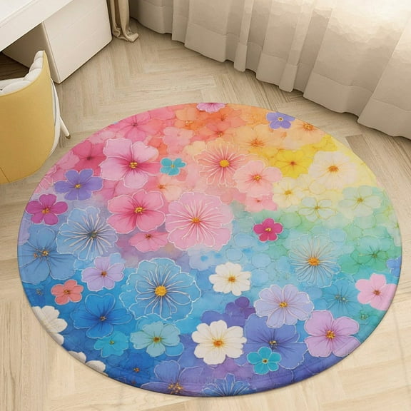 Rainbow Floral Burst Round Area Rugs for Bedroom Living Room, 4FT Soft Comfy Indoor Circle Carpets, Floor Mat