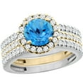 thumbnail image 1 of 10K Gold Natural Swiss Blue Topaz 3-Piece Ring Set Two-tone Round 6mm Halo Diamond, size 7.5, 1 of 4
