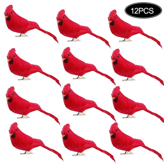 12 Pcs Clip On Christmas Tree Ornament Decorations Red Feathers Artificial Birds