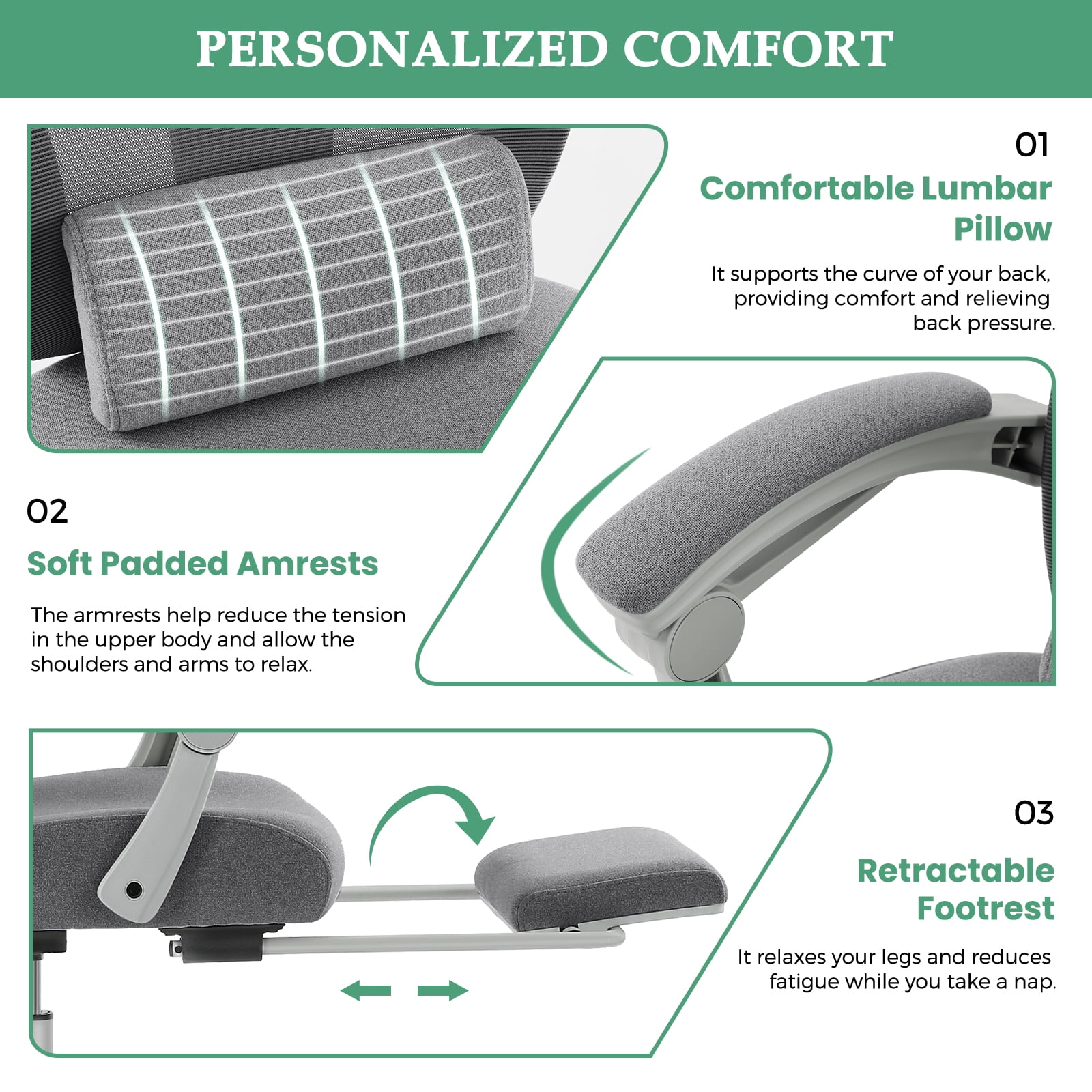 JOINSUN High Back Mesh Office Chair, Ergonomic Lumbar Support, Headrest, Footrest for Home, Gray