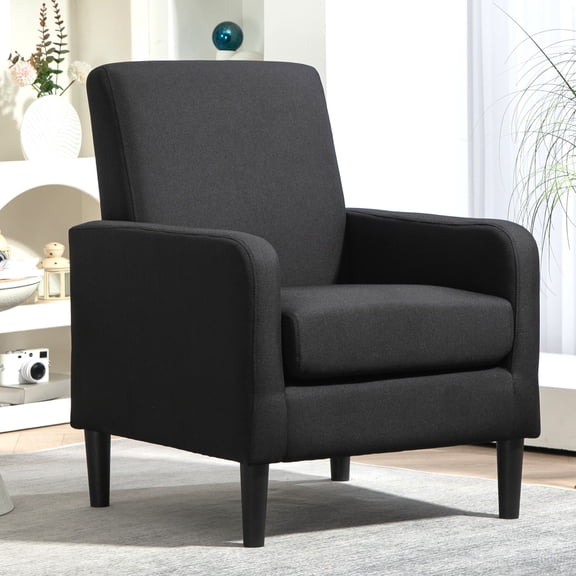 Accent Chair, Faux Linen Upholstered Modern Armchair with Solid Wood Frame and Padded Seat Cushion, Black Single Sofa for Living Room, Bedroom, Office or Guest Room Reception Chair