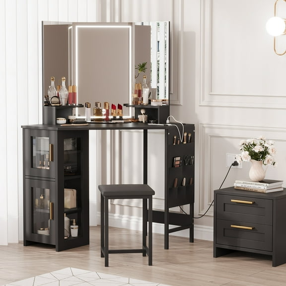 M optimized Corner Vanity Desk and Stool, Corner Makeup Vanity with LED Lighted Mirror Charging Station and Cabinet for Bedroom