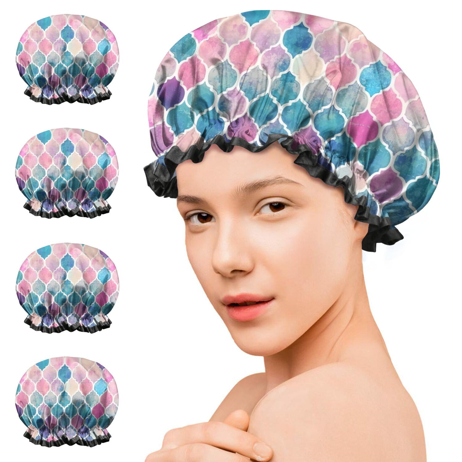 Shower Caps,Multi Color Moroccan Checkered Pattern Waterproof Shower Cap for Women 4 Pieces,Double Reusable Hair Cover for Shower PEVA Elastic Stretch Hem