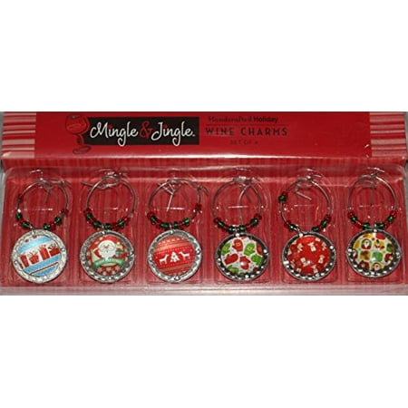 Xmas Wine Glass Mingle & Jingle Handcrafted Metal and Glass Medallion Style Christmas Wine Glass Charms, Set of 6 (Santa) ()