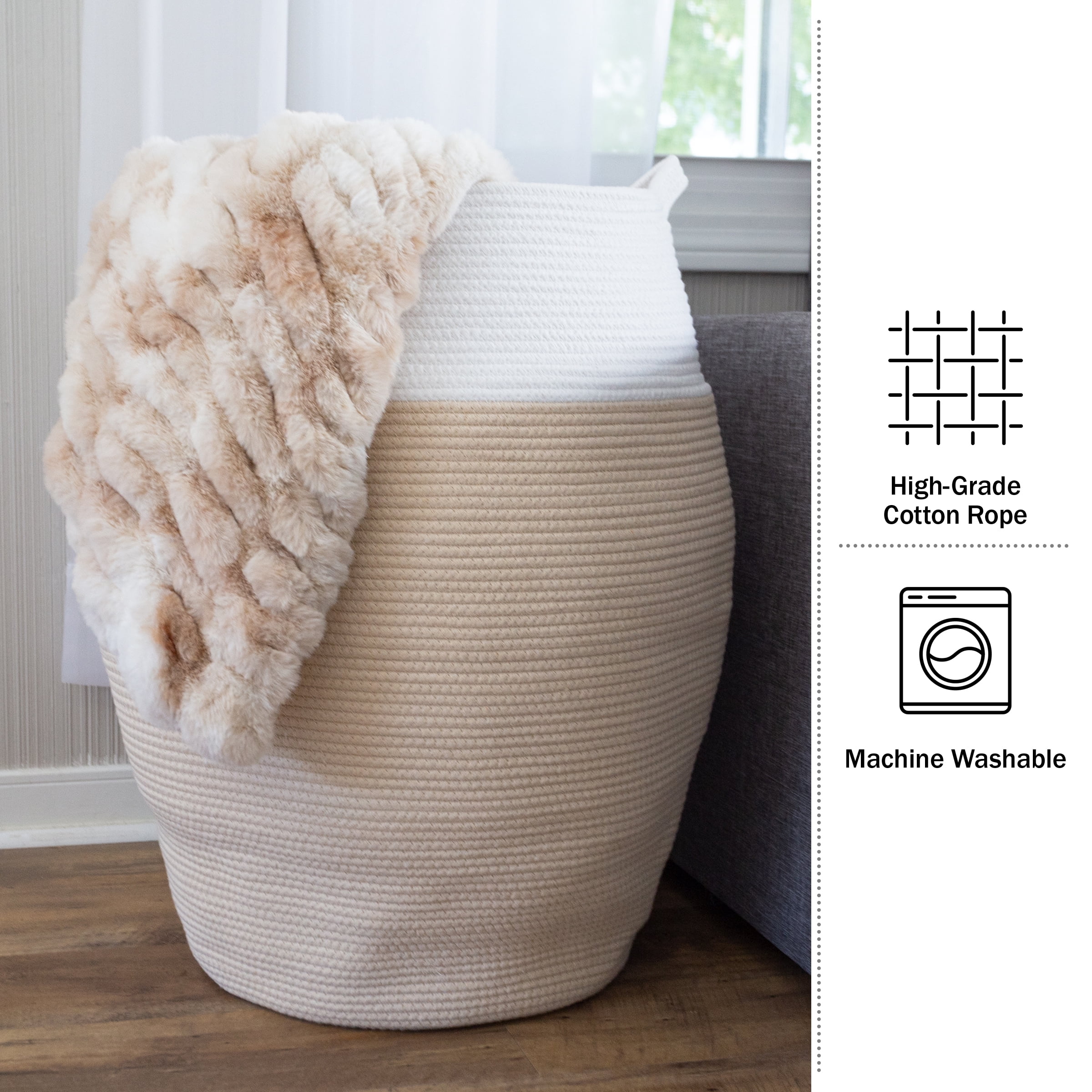 Home-Complete Cotton Rope Laundry Basket with Handles for Adult, Natural