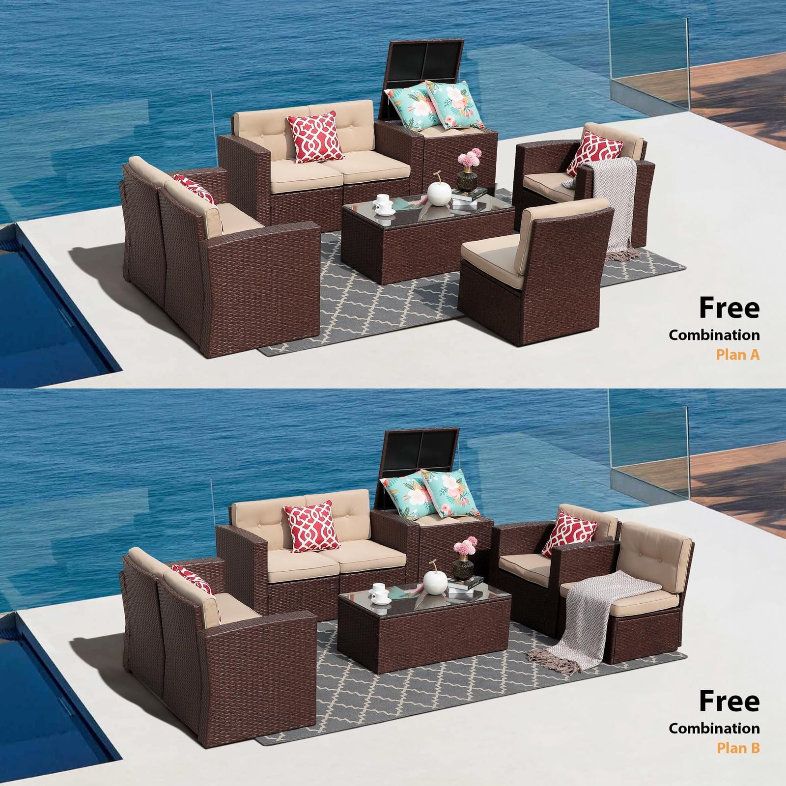 JOIVI 8 Pc Outdoor Furniture Set with Storage Box, Wicker Rattan Patio Conversation Set with Sectional Sofa Couch for 6 People, Espresso Brown