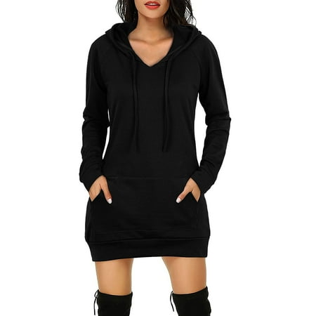 

SBYOJLPB Women s waist Women s Long-sleeved Pocket Pullover Hoodie Dress Waist Sweatshirt Solid Tops Black 12(XXL)