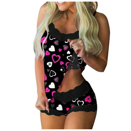 

wofedyo camisole for women Women Print Pajamas Sleeveless Lace Cami Shorts Lingerie Sleepwear Set camisoles with built in bra