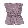 thumbnail image 1 of Toddler Baby Girl Clothes Rompers Ribbed Ruffle Sleeveless Button Belted Romper Short Jumpsuit Summer Outfit Brick Red 12-18 Months, 1 of 7