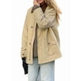 thumbnail image 3 of Female Trendy Jackets Fall Contrast Collar Zip Up Cotton Oversized Casual Cargo Barn Jacket Khaki L, 3 of 9
