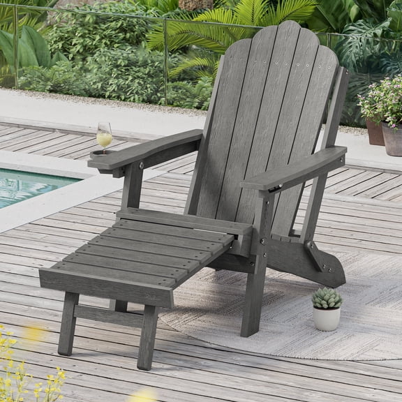 ACEGOSES Foldable Outdoor Adirondack Chair with Cup Holder, 3-Position Adjustable HDPE Plastic for Patio, Fire Pit, Deck, Gray