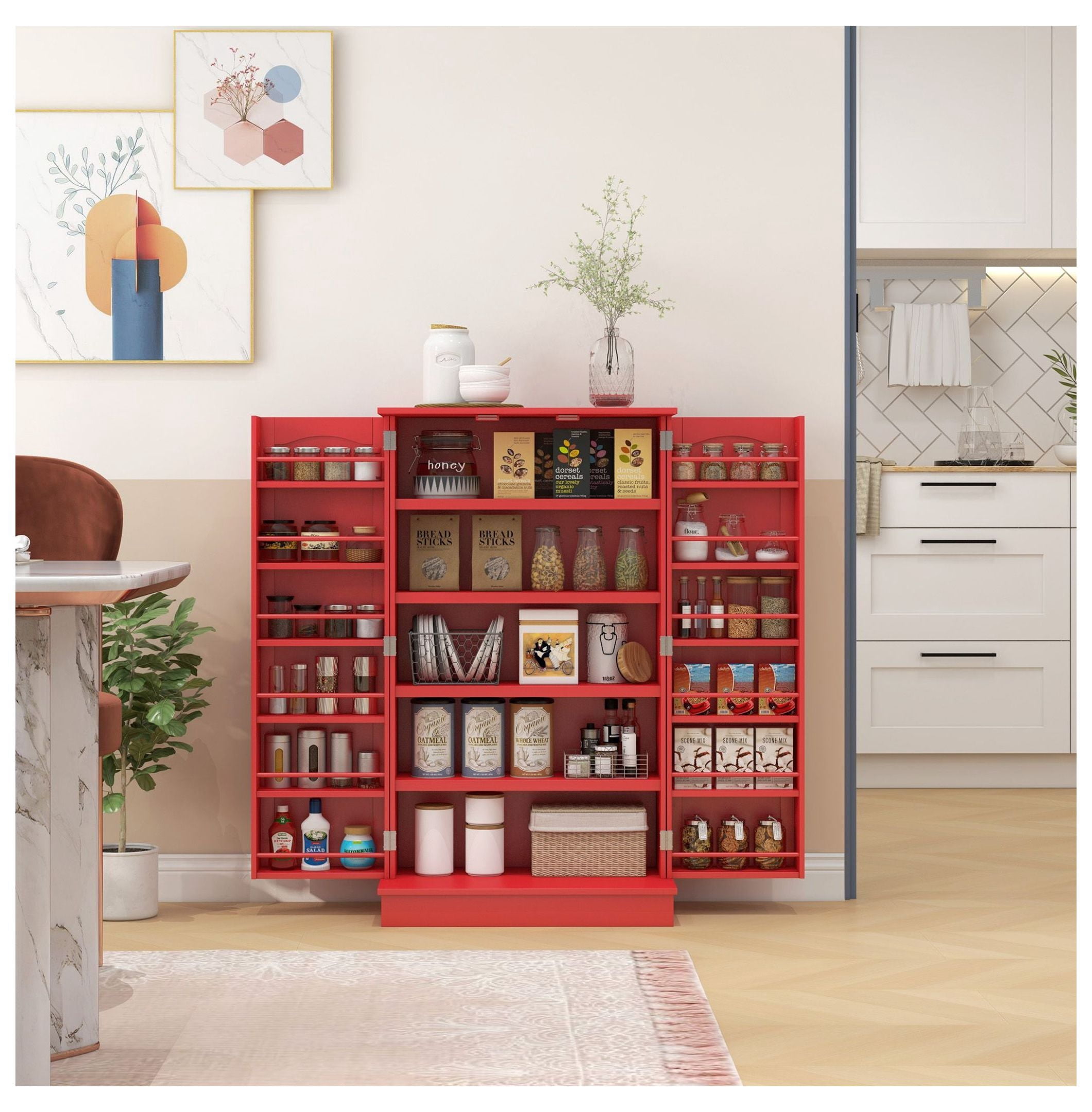 Kitchen Sideboard Cabinet, 40.9" Freestanding Pantry Storage, Red Finish, 5-Tier Shelves, Double Door Kitchen Organizer for Dining Room
