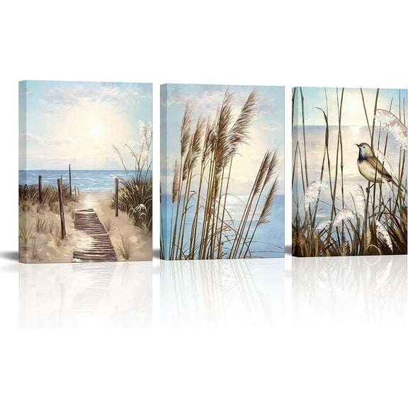 Coastal Picture Beach Wall Art 3 Panel Abstract Sea Birds Beach Sunset Theme Artwork Prints Seascape Canvas Prints for Bathroom Kitchen Bedroom 12x16inchx3 PCS