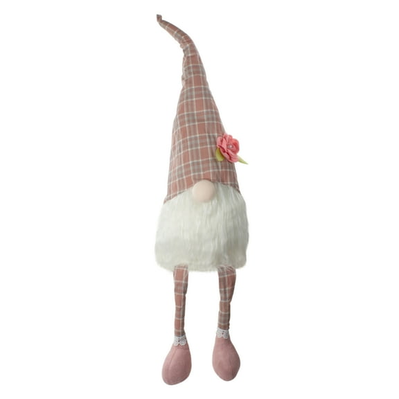 29" Pink and White Plaid Spring Gnome Table Top Figure with Dangling Legs