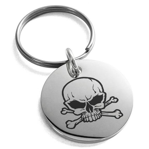 Stainless Steel Pirate Skull & Crossbones Engraved Small Medallion Circle Charm Keychain Keyring