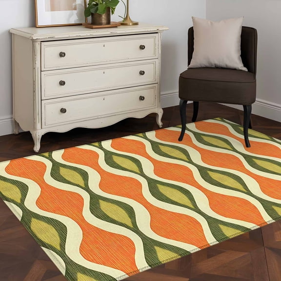 3'x5' Area Rugs, Orange Green Geometric Indoor Outdoor Area Rug for Living Room Bedroom, Abstract Moire Contemporary Washable Bathroom Rugs Kitchen Floor Carpet Mats Home Decor Aesthetic