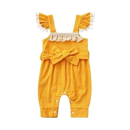 

Infant Baby Girl Summer Jumpsuit Fly Sleeve Square Neck Tassel Decoration Bodysuit with Bow Belt