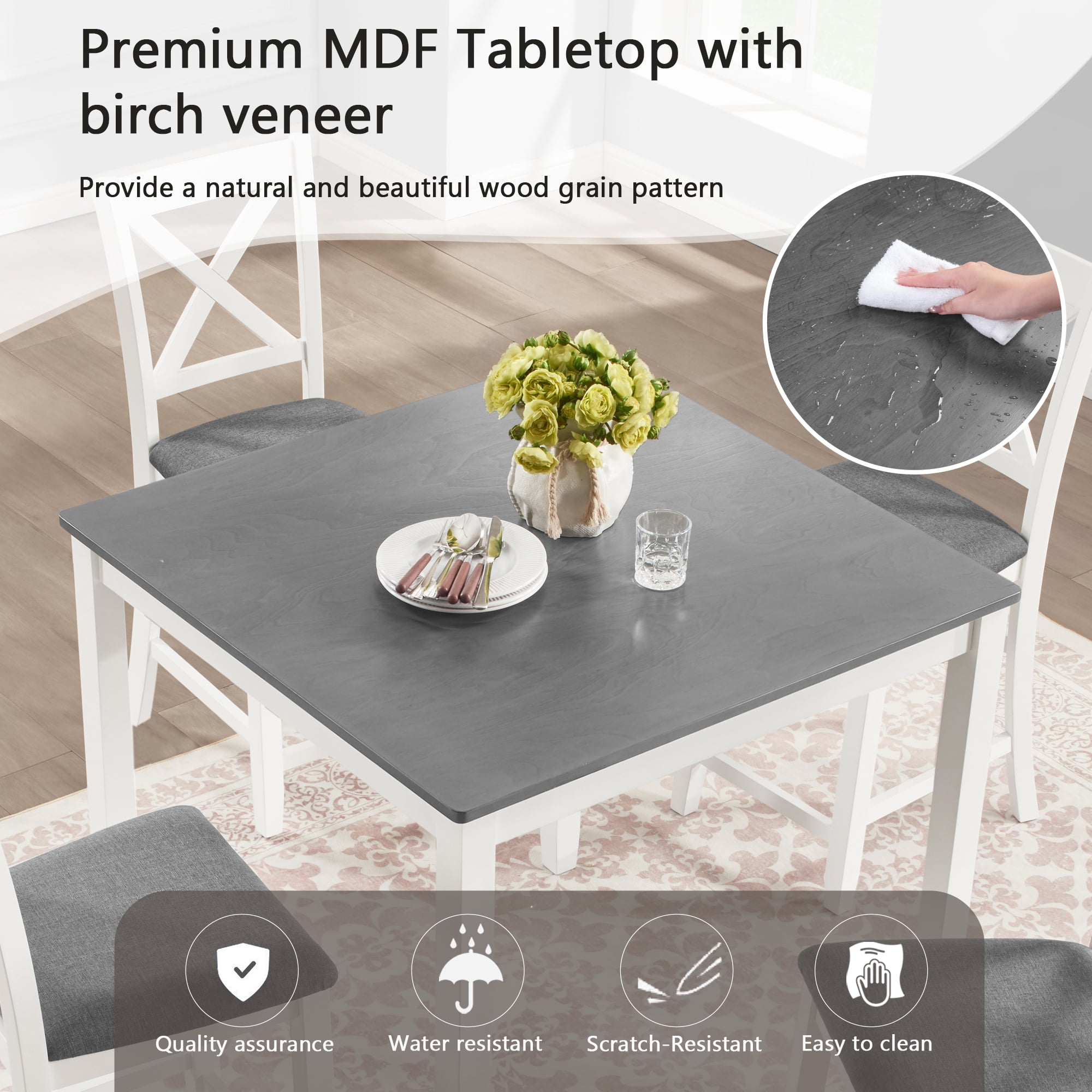 BSHTI 5-Piece Counter Height Dining Table Set – 34.5" Kitchen Square Table with 4 Chairs, X-Back Design, Linen Upholstery 4 Chair Dining Table Set, Solid Wood Frame（Grey+White）
