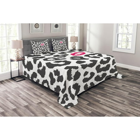 Inc Cheetah Bedding Safari Bedspread Set, Leopard Cheetah Animal Print with Kiss Shape Lipstick Mark Dotted Trend Art, Decorative Quilted Coverlet Set with Pillow Shams Included, Charcoal Grey Pink, by Ambesonne ()