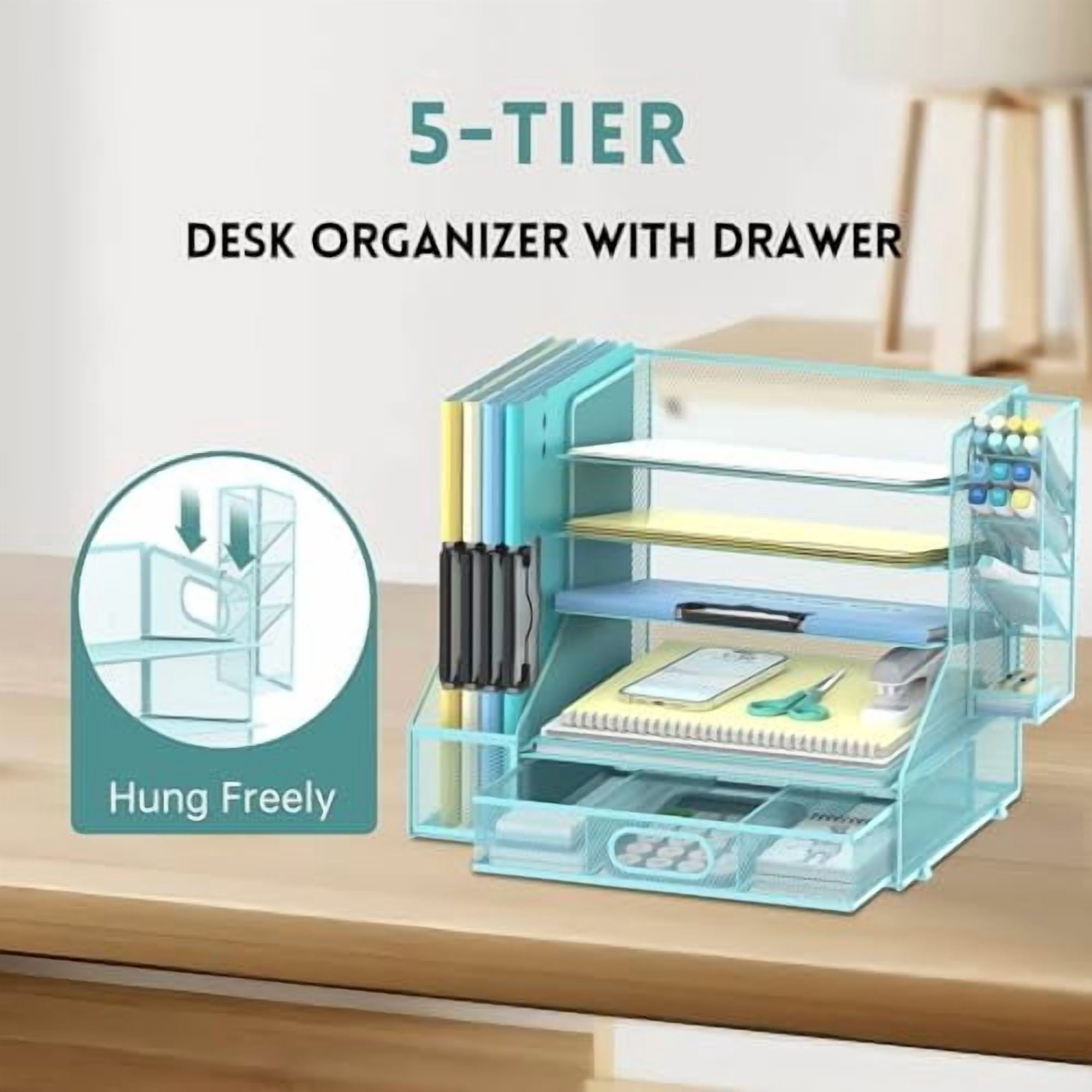 Jointown Mesh Desk Organizer, 5-Tier Paper Letter Tray with File Holder & Pen Holder & Sliding Drawer, Desktop Organizer and Storage for Desk Accessories Office Supplies, Blue