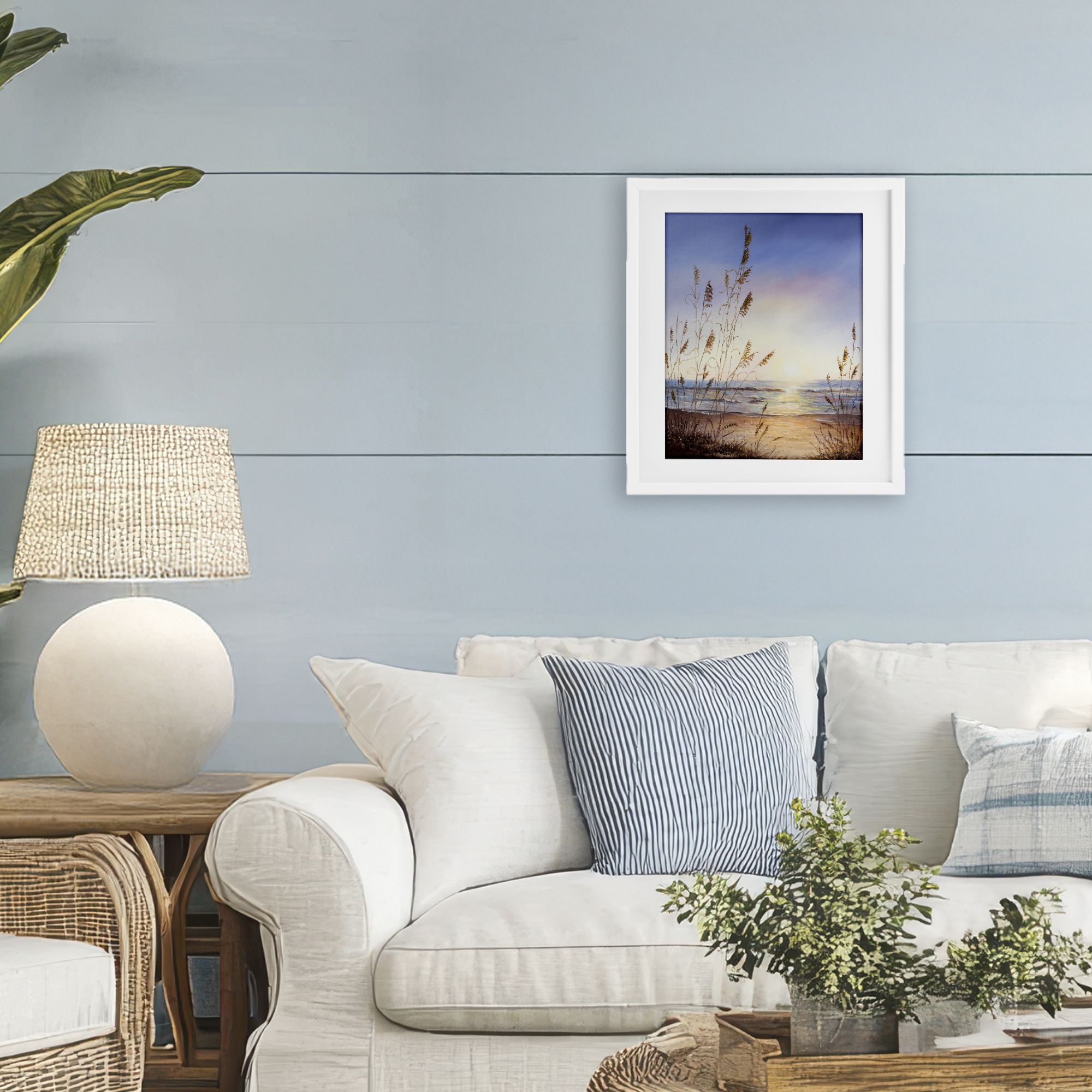 Seascape with Sunlit Grasses White Framed Print Under Glass, design by Michelle Faber