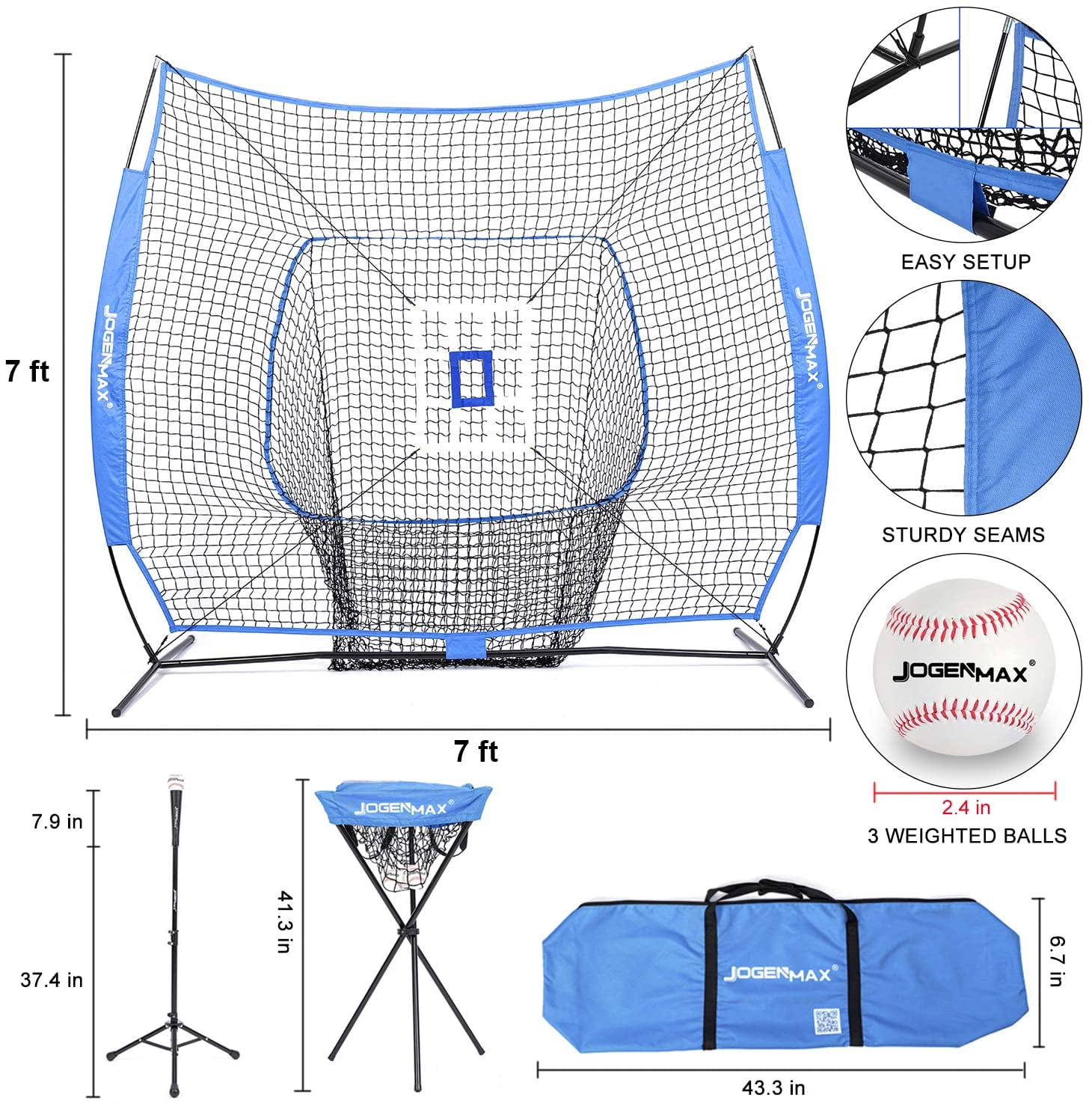 JOGENMAX 7x7 DLX Practice Net Baseball Softball Pitching Batting Training Equipment Set