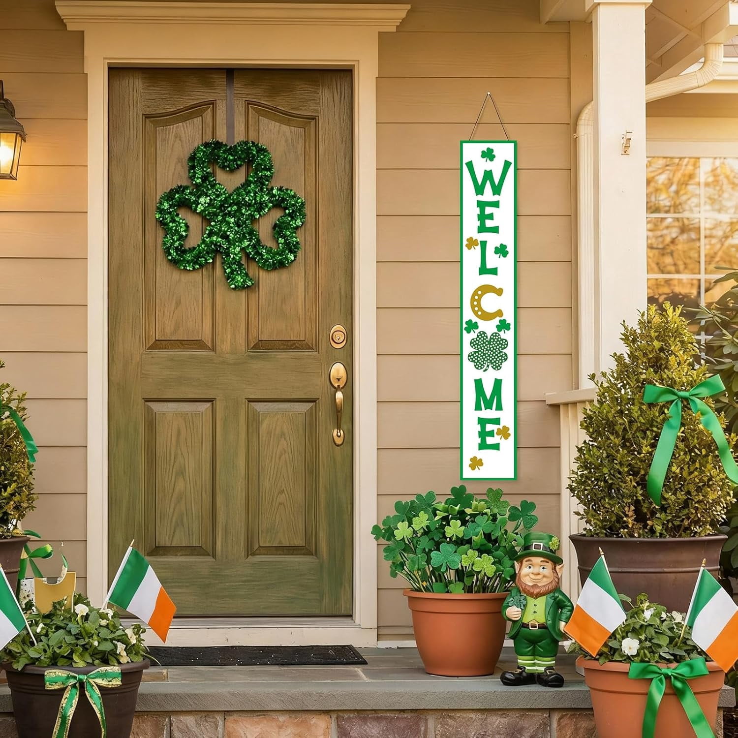 St Patricks Day Porch Sign, 47"H Wooden Saint Patrick's Tall Leaner Vertical Welcome Sign for Front Door Standing Decor, Irish March Outdoor Yard Decorations for Home