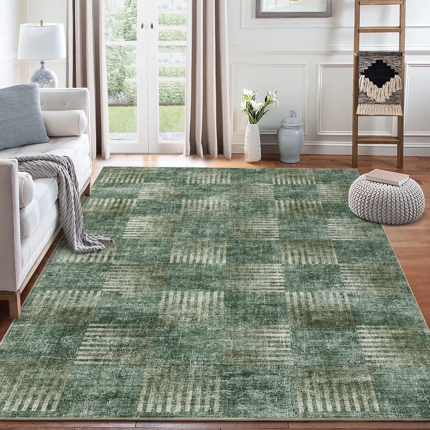 Garvee 9x12 Area Rug Modern Plaid Checkered Rug, Washable Rugs Soft Neutral Indoor Carpet Solid Rug Non Slip Low Pile Rug for Living Room Bedroom Dining Room Office, Green