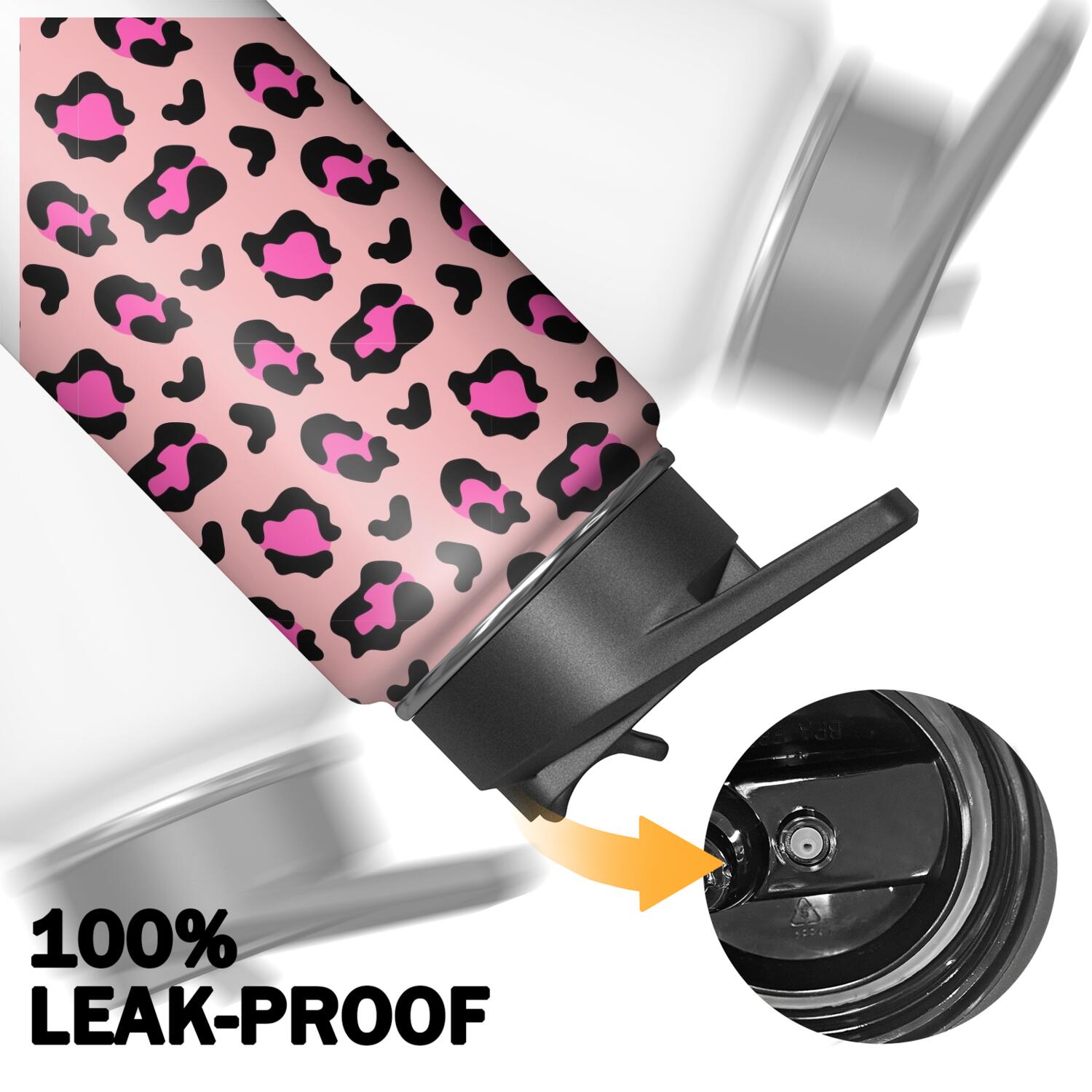 Leopard Print Insulated Stainless Steel Water Bottle with Straw & Cleaning Brush – 18 Oz | Leakproof, BPA-Free, 304 Stainless Steel, Wide Mouth, Travel Mug for Car, Gym, Office