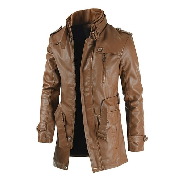 YODETEY Men Mid-Length Solid Artificial Leather Stand Collar Slim Jacket Coats Brown 14(XXXXL)