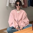 thumbnail image 3 of Fall Spring Women Jacket Stand Collar Solid Color Long Sleeves Single-breasted V Neck High Street Preppy Style Baseball Coat Loose Cardigan Short Coat, 3 of 8