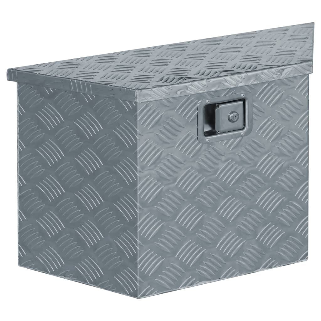 Silver Trapezoid Aluminum Storage Box Lockable Flip Top Diamond Plate Metal Storage Case for Garage Truck Workshop Outdoor Use