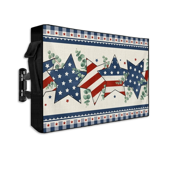 Outdoor TV Cover 60 to 65 Inch Weatherproof, Independence Day Eucalyptus Leaves Blue Red Star 600D Oxford TV Covers with Waterproof Zipper, Outside Flat TV Screen Protector 58"Wx37"Hx4.5"D