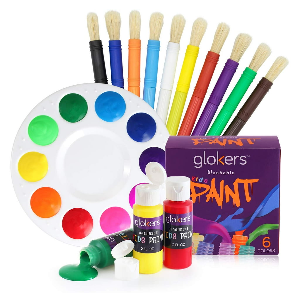 glokers 10Piece Kids Paint Brushes Set with Washable Paint and Palette
