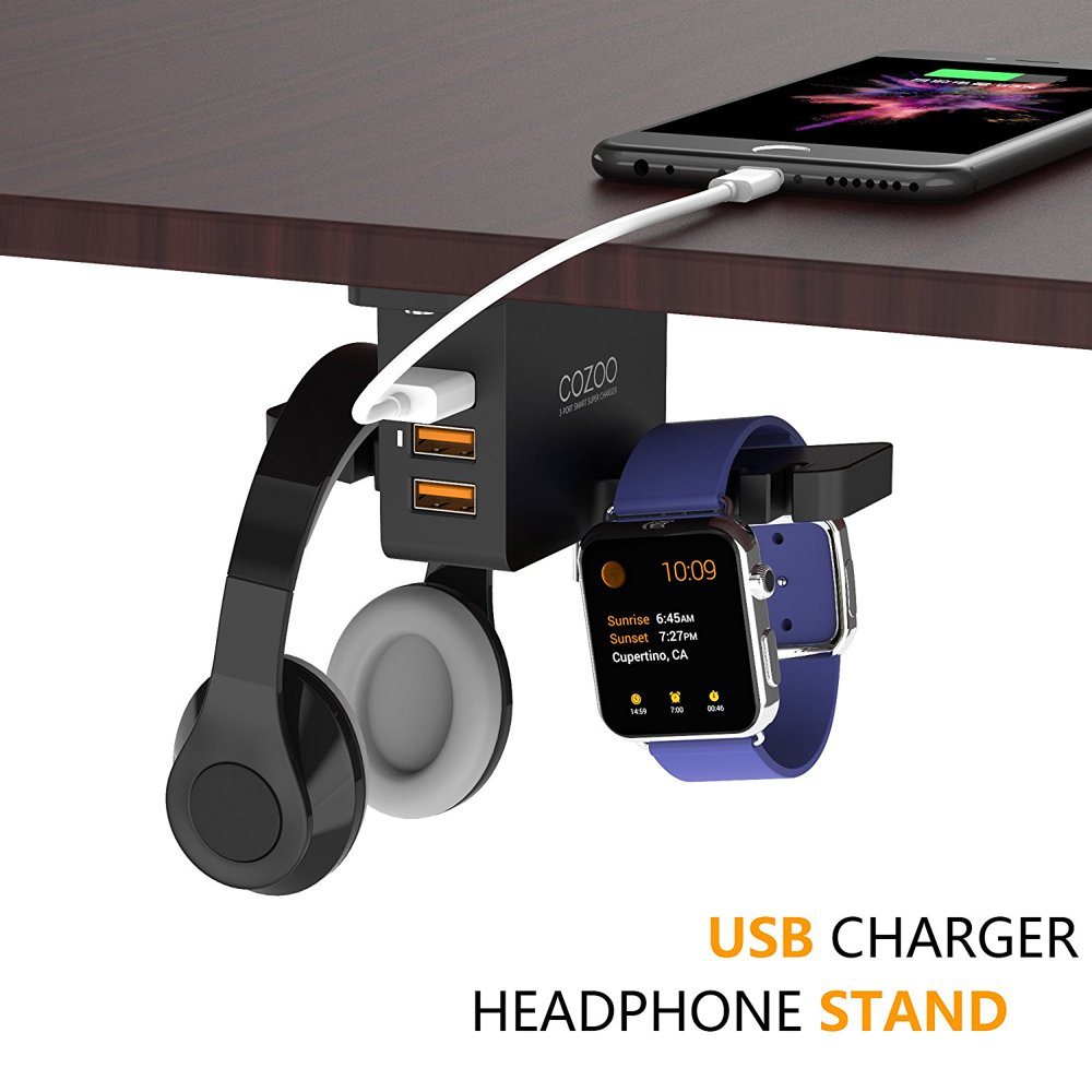 Headphone Stand with USB Charger Under Desk Headset Holder Mount with 3