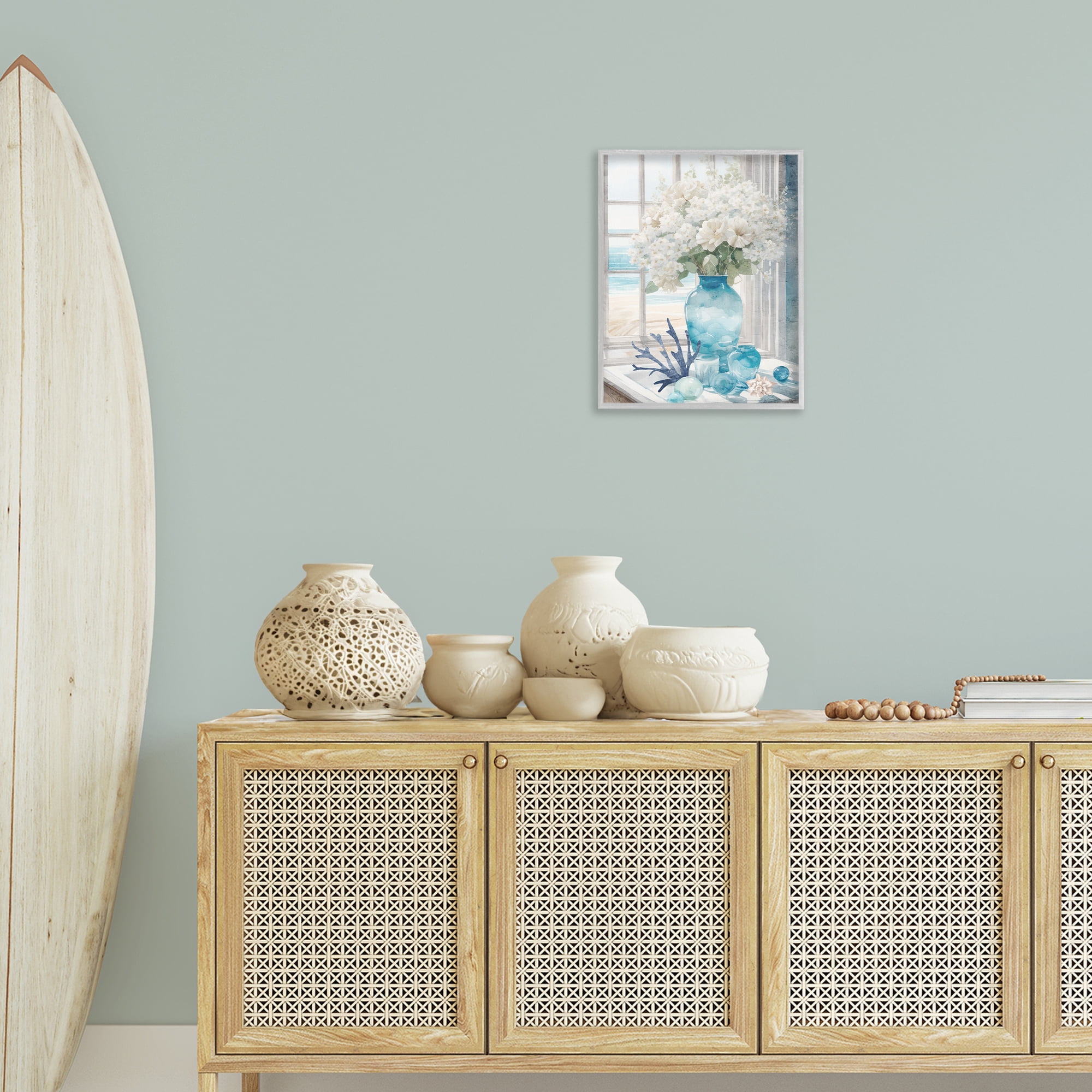 Stupell Industries Coastal Flower Vase Botanical & Floral Painting Gray Framed Art Print Wall Art, 16 x 20