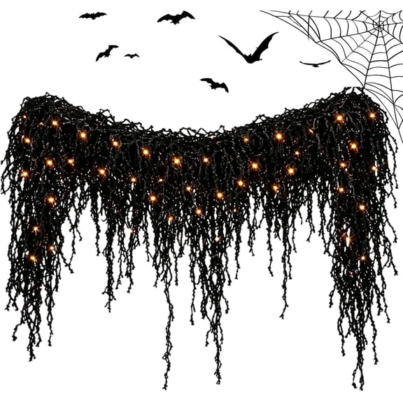 Halloween Fireplace Decor Set with LED Lights, Black Vine Garland Halloween Decorations, Gothic Mantel Decor for Fireplace, Door, Window, Indoor Home Party,3.3FT