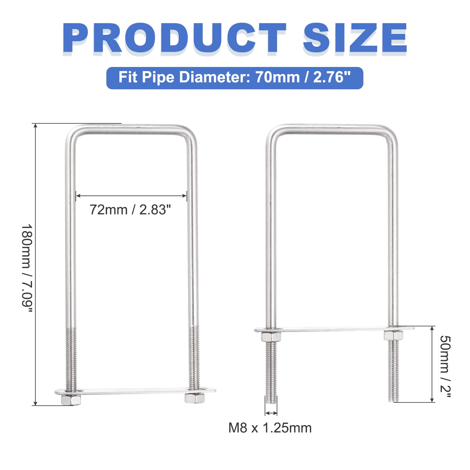 Uxcell 2 Sets M8 Square U-Bolts, 2.83" Inner Width 7.09" Length 304 Stainless Steel U Clamp Bolts with Nuts, Plates and Wrench
