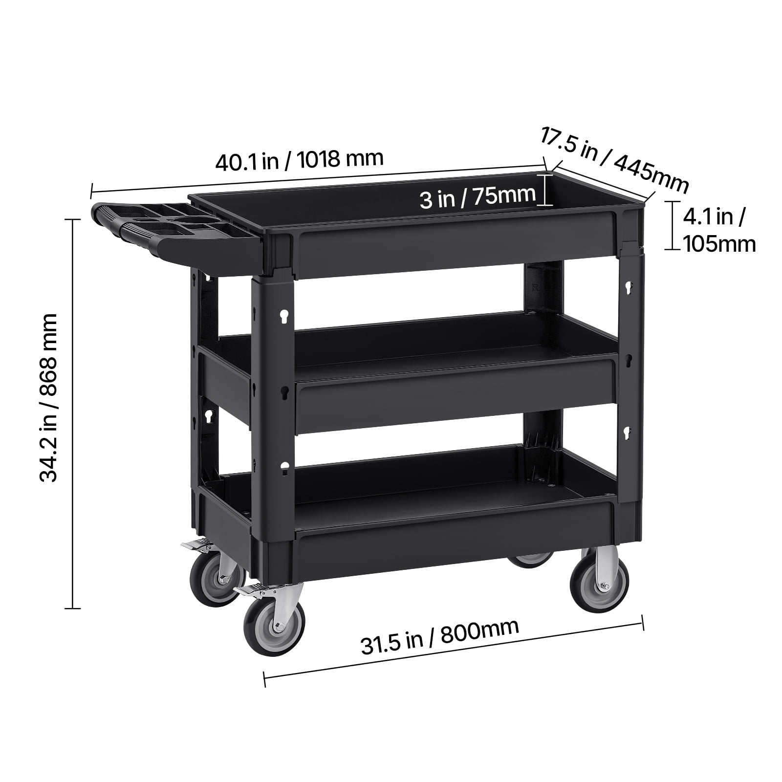 VEVOR Utility Service Cart, 550 LBS Laod Capacity, 3 Shelf Heavy Duty Plastic Rolling Utility Cart with 360° Swivel Wheels (2 with Brakes), Ergonomic Storage Handle for Warehouse/Garage/Cleaning