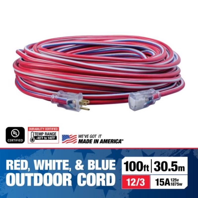 Southwire Patriotic Indoor and Outdoor 100 ft. L Blue/Red/White Extension Cord 12/3 SJTW