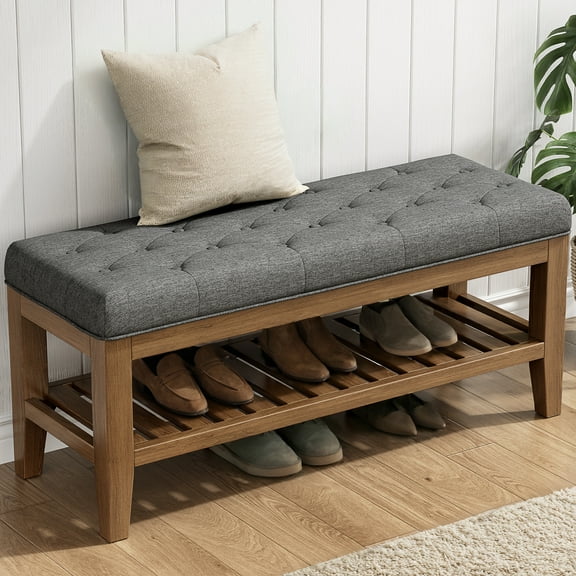 LainTene 42.9'' Bed Bench Solid Wood Shelf, Entryway Shoe Bench Linen Fabric Storage Ottoman Bench with Solid Wood Legs Padded Window Seat for Living Room, Bedroom and Hallway, Dark Gray