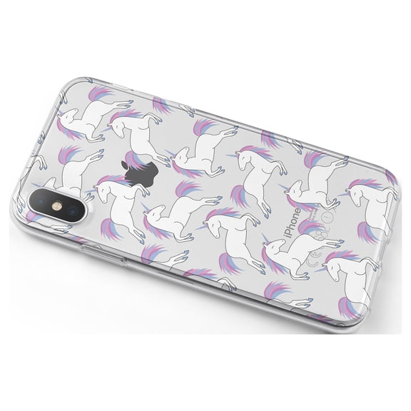 DistinctInk Clear Shockproof Hybrid Case for iPhone X / XS (5.8" Screen) - TPU Bumper, Acrylic Back, Tempered Glass Screen Protector - Repeating Pastel Unicorns