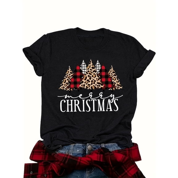 Women's Merry Christmas Graphic T-Shirt Leopard Buffalo Plaid Christmas Tree Holiday Winter Casual Tee