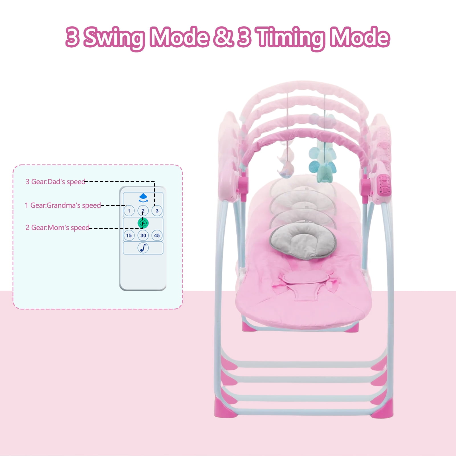 LHUAI, Electric Baby Swing And Bouncer Combo, Portable Compact Automatic, Bluetooth Music, 12 Preset Melodies, Remote, Pink