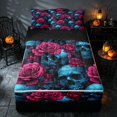 thumbnail image 2 of Homewish Halloween Gothic Skull Zipper Twin Comforter Sets with Fitted Sheet and 2 Pillowcases, Retro Rose Floral Zipper Bedding Set, Cyan Magenta Black, Black Reversible, 2 of 7